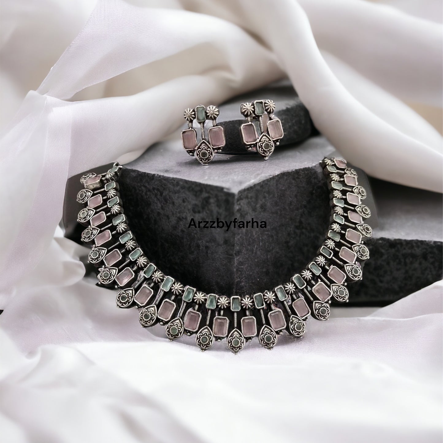 Pink Oxidised Choker Set