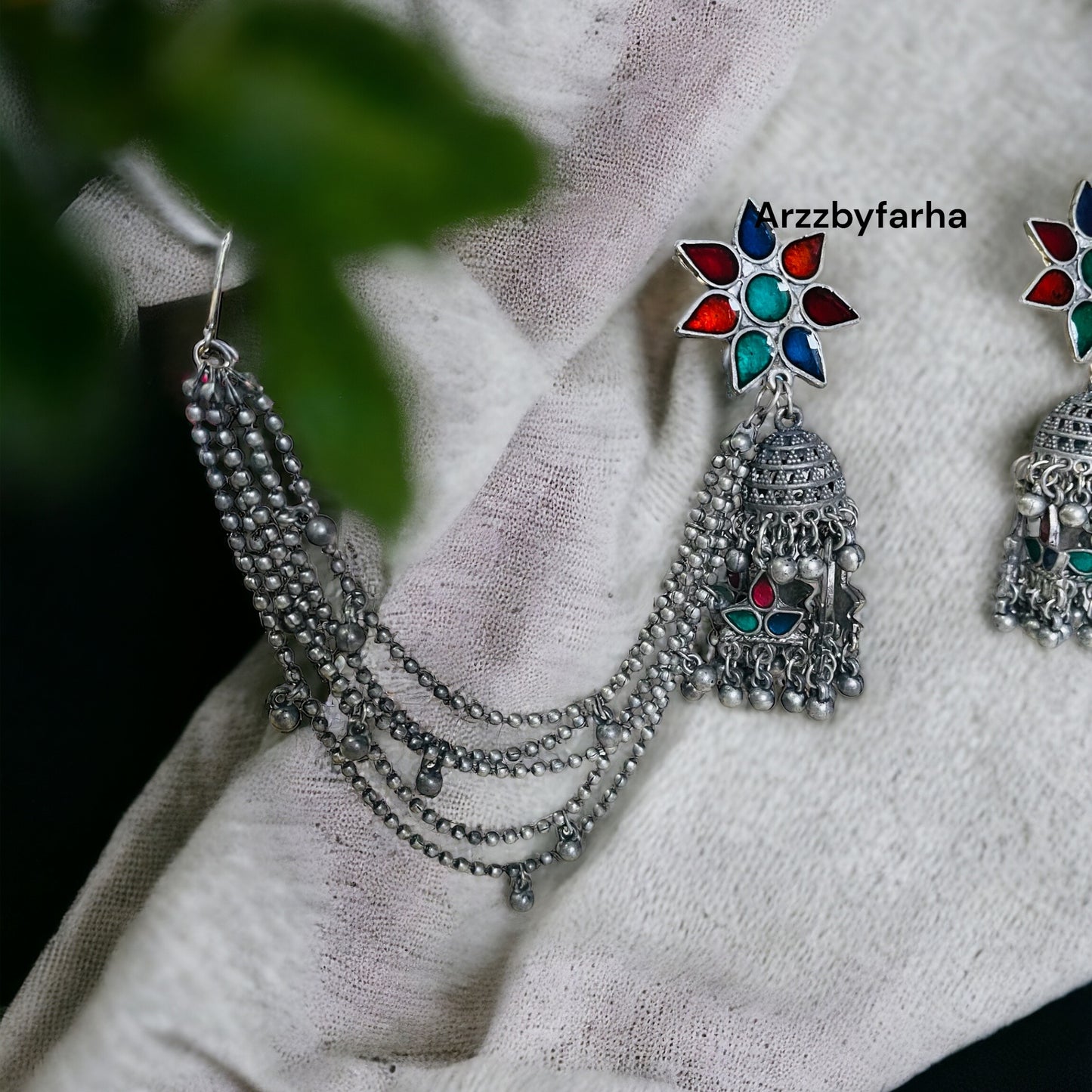 Bahubali Oxidised Jhumki with Ear Chain