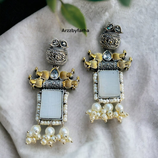 Dual Tone White Stone Earrings