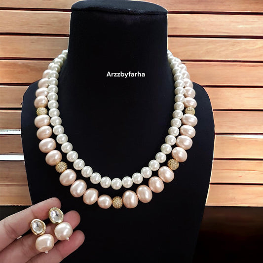 Peach & White 2 Layered Necklace Set