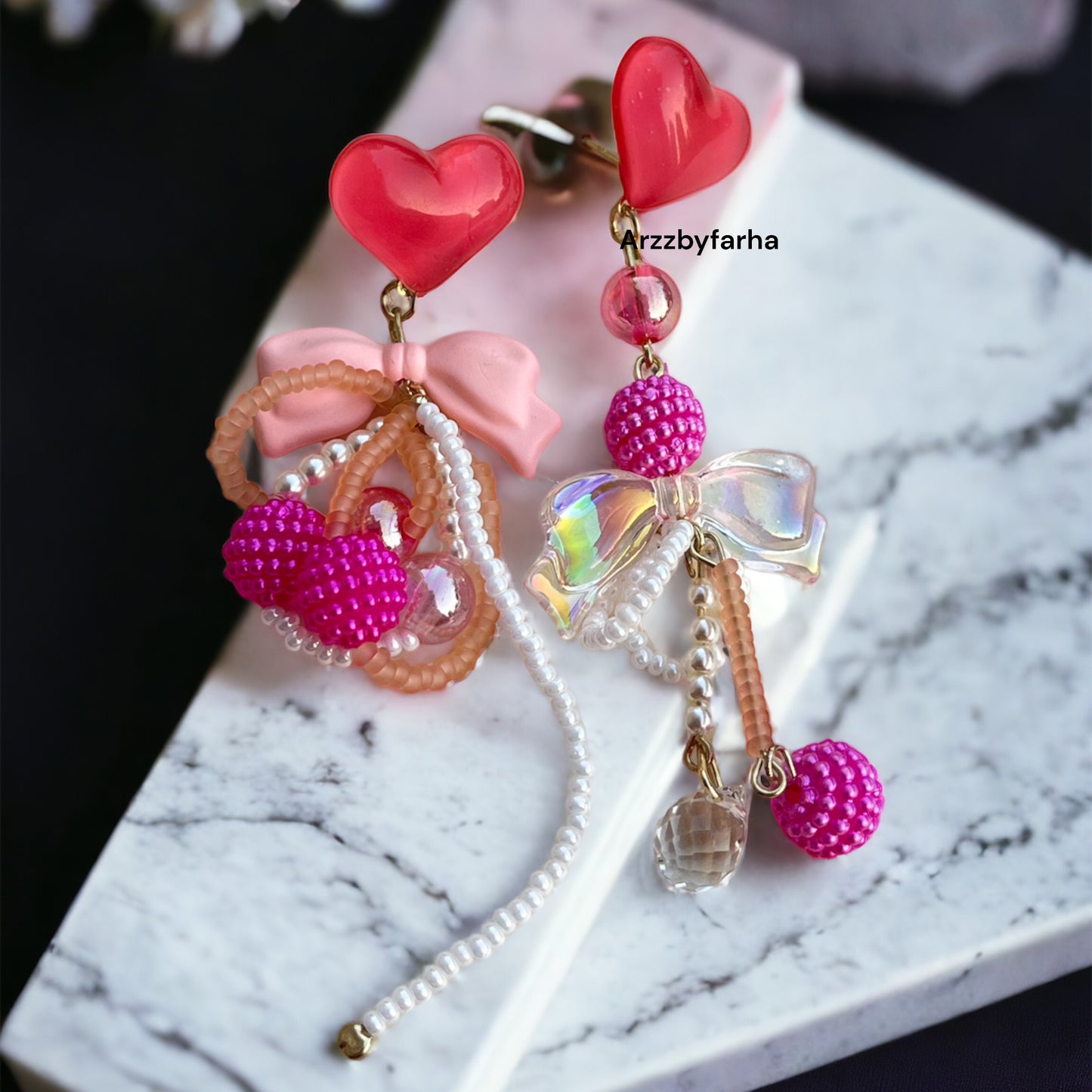 Pink Heart Bowknot Mismatch Earrings