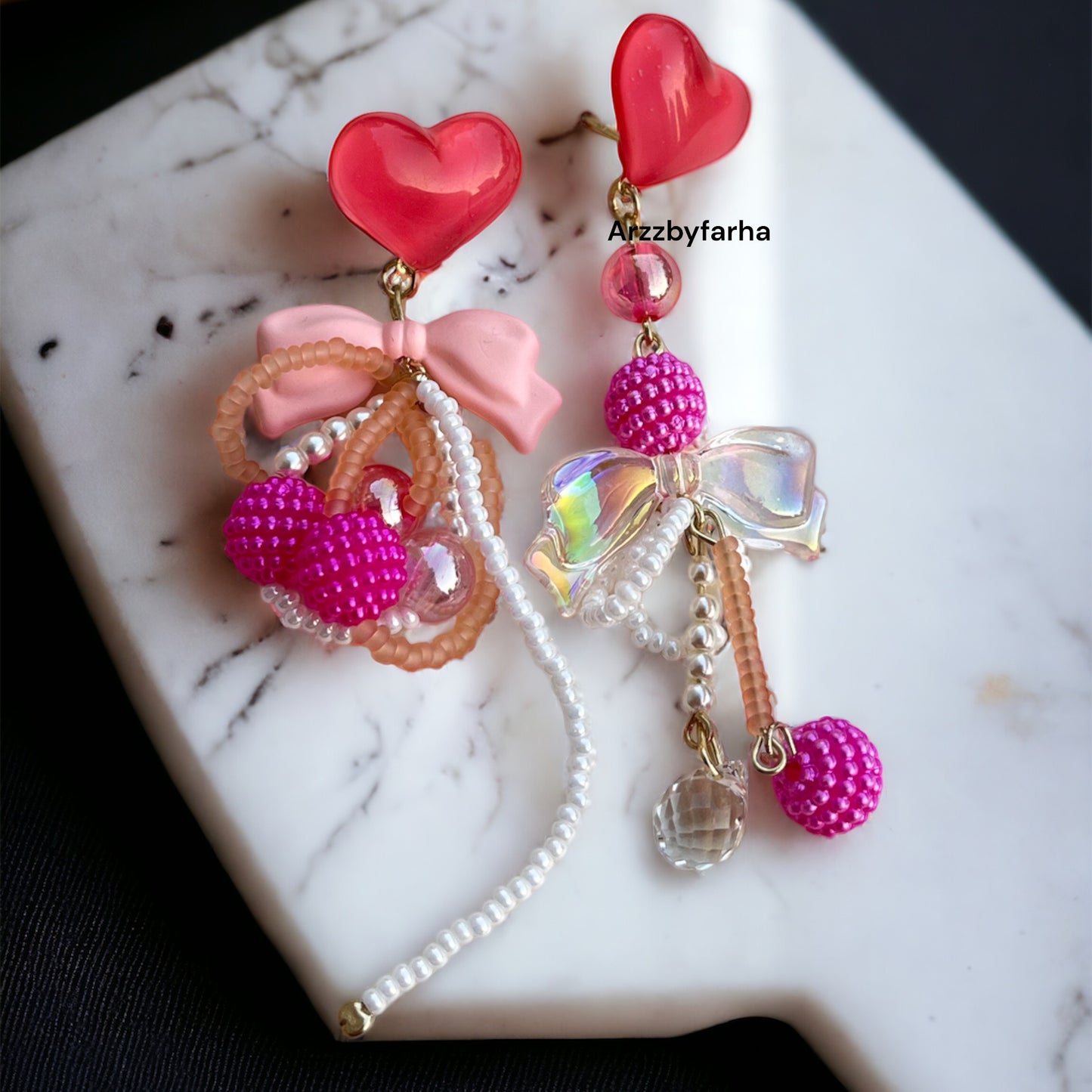 Pink Heart Bowknot Mismatch Earrings