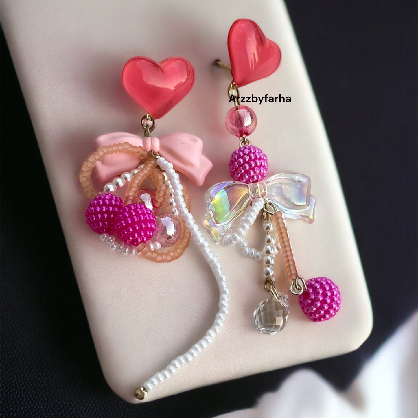 Pink Heart Bowknot Mismatch Earrings