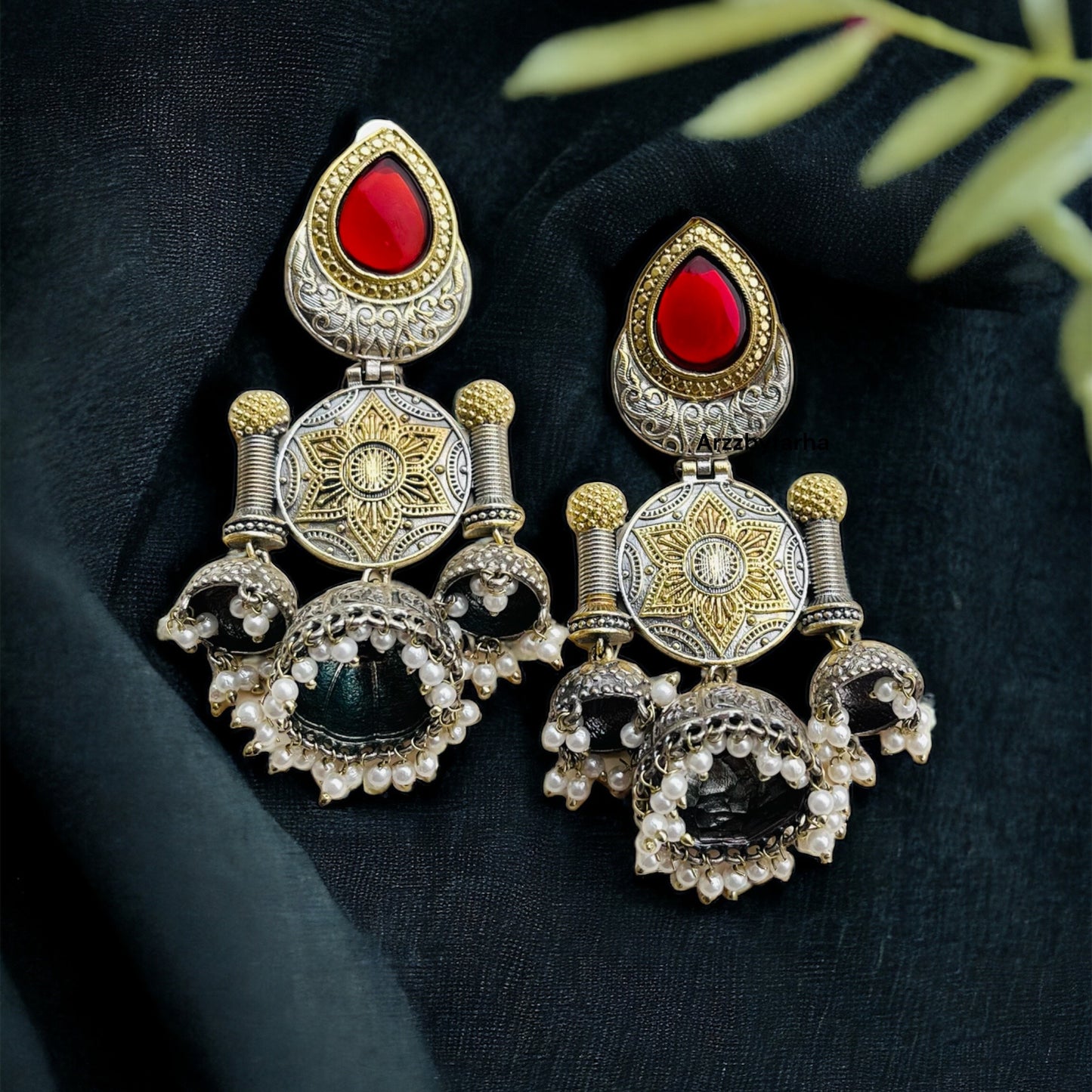 Maroon Dual Tone Hanging Jhumki Earrings