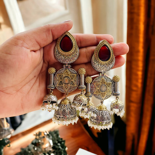 Maroon Dual Tone Hanging Jhumki Earrings