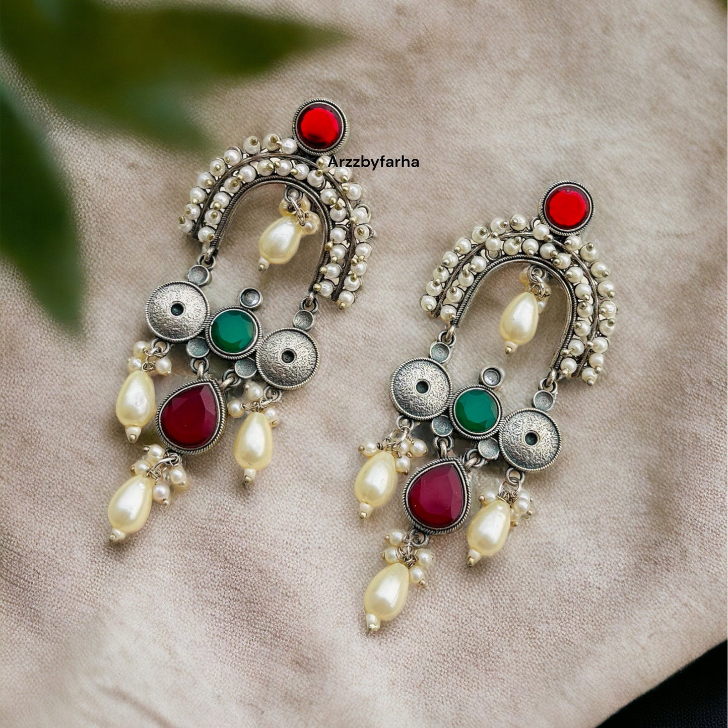 Silver Red & Green Pearl Earrings