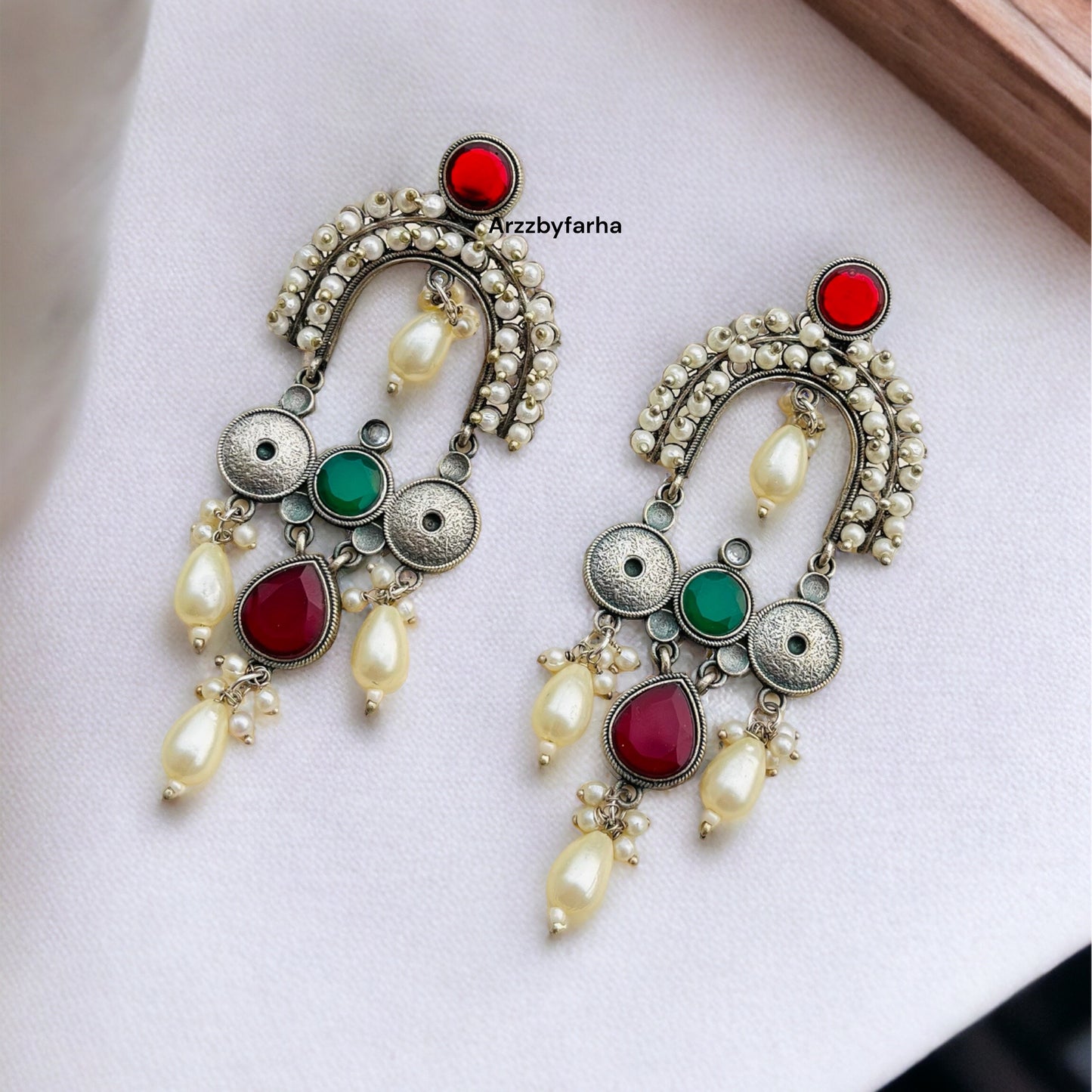 Silver Red & Green Pearl Earrings