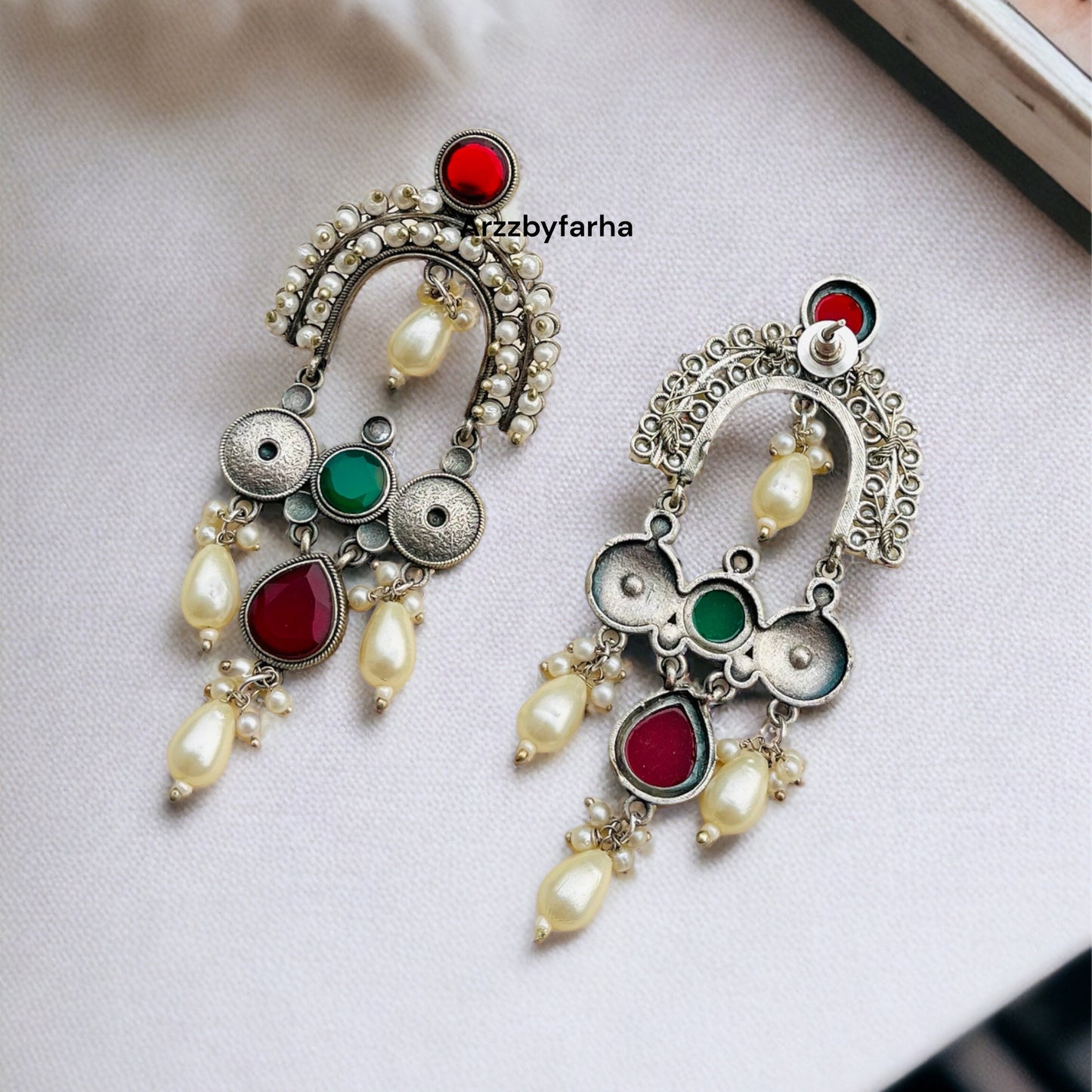 Silver Red & Green Pearl Earrings