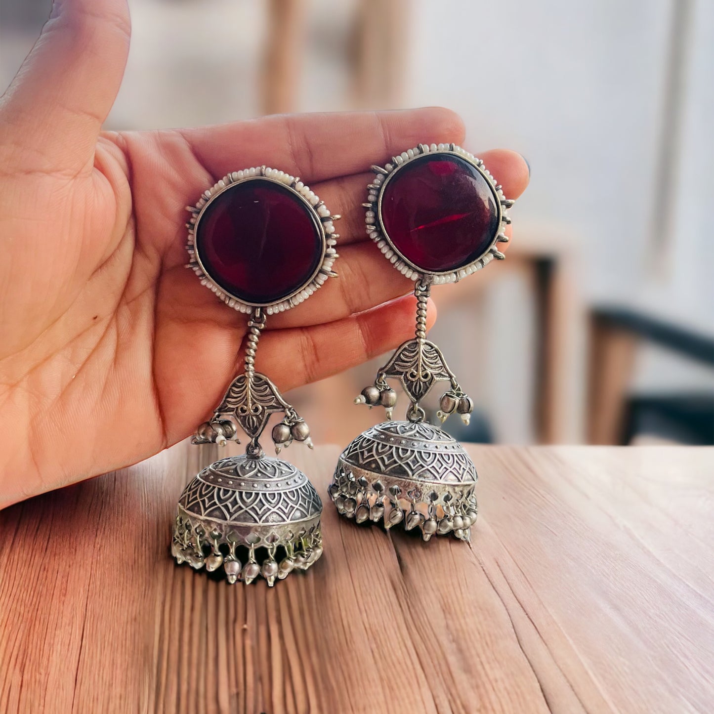 Red Stone Silver Jhumki Earrings