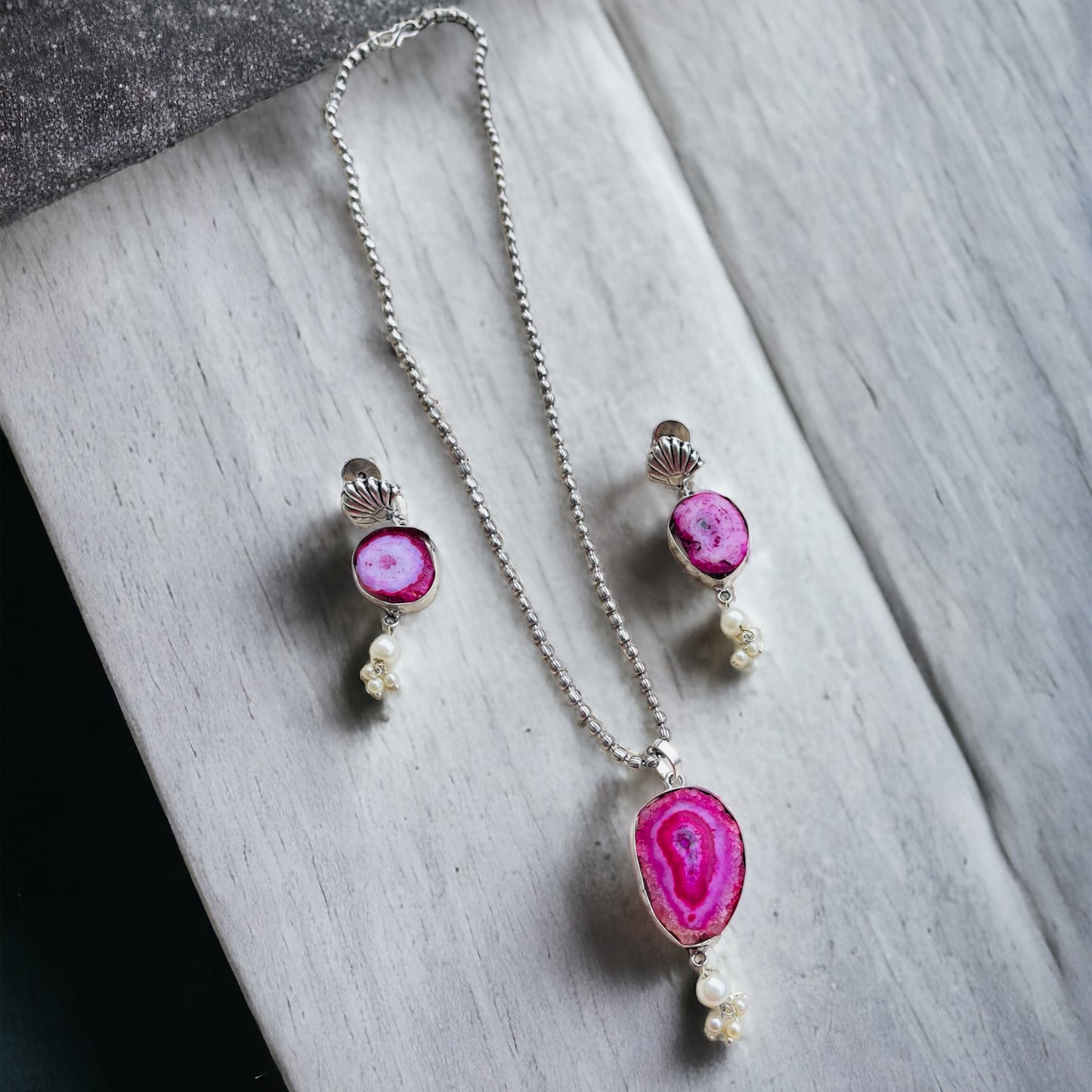 Pink Stone MOP Pendant Necklace Set