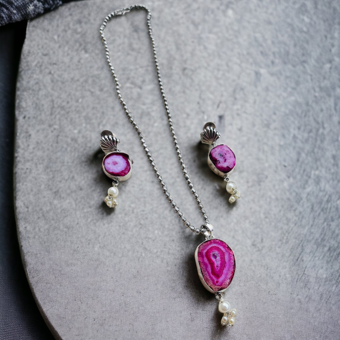 Pink Stone MOP Pendant Necklace Set