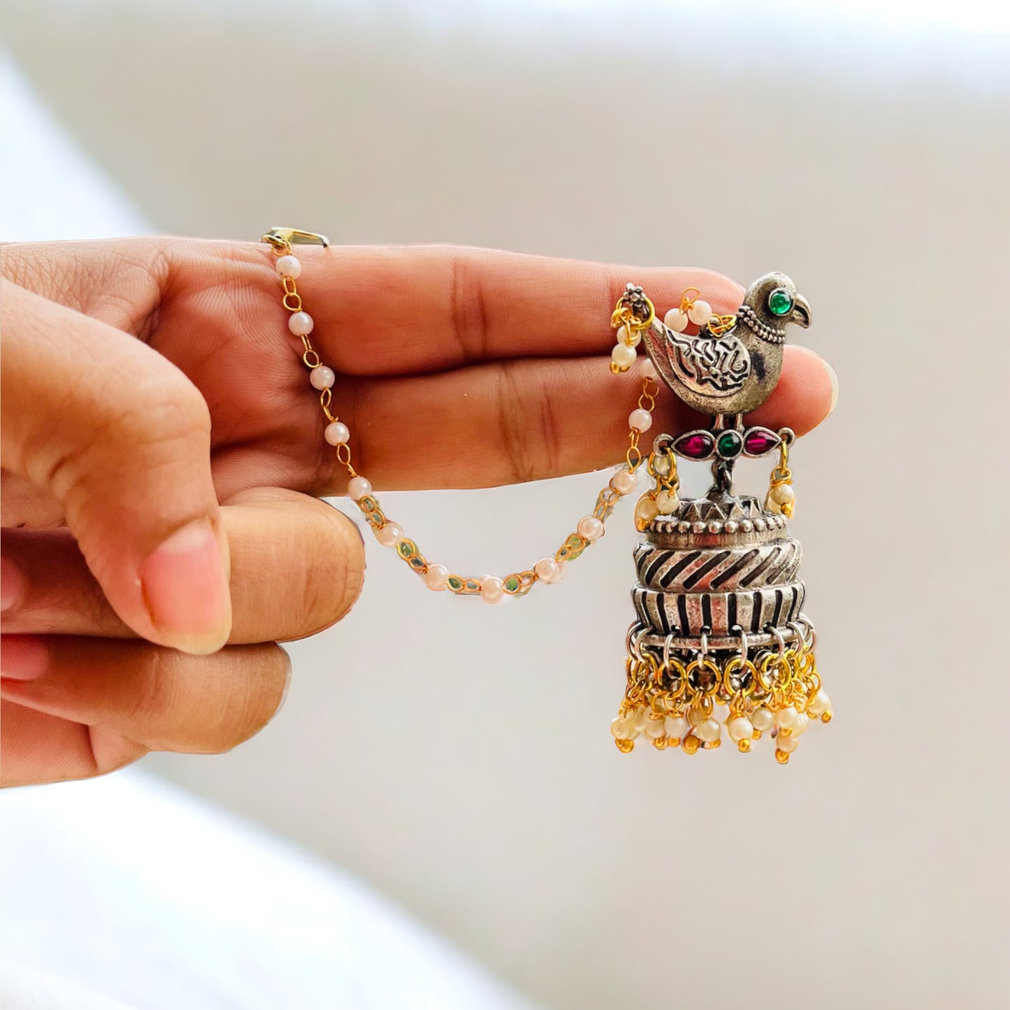 Peacock Jhumka with Ear Chain Earrings