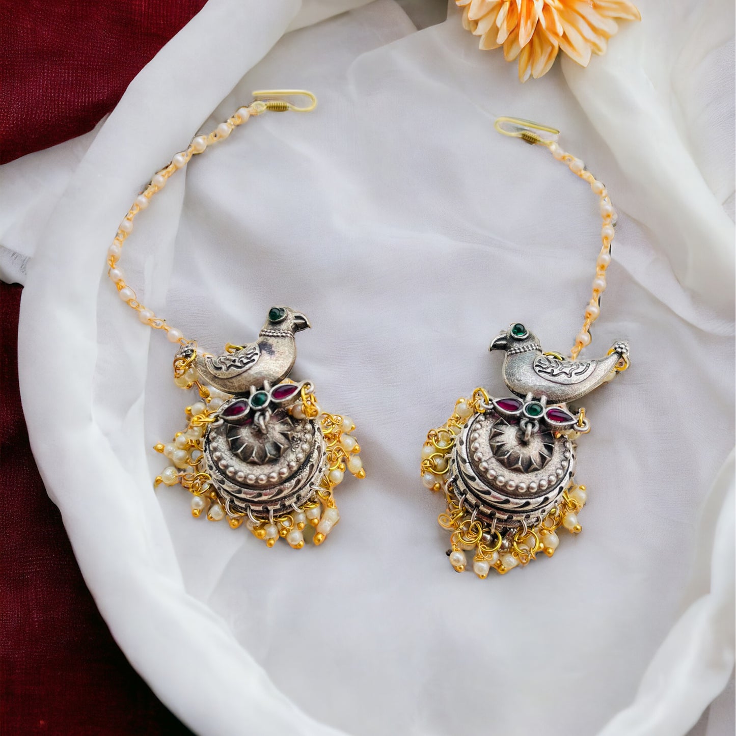 Peacock Jhumka with Ear Chain Earrings