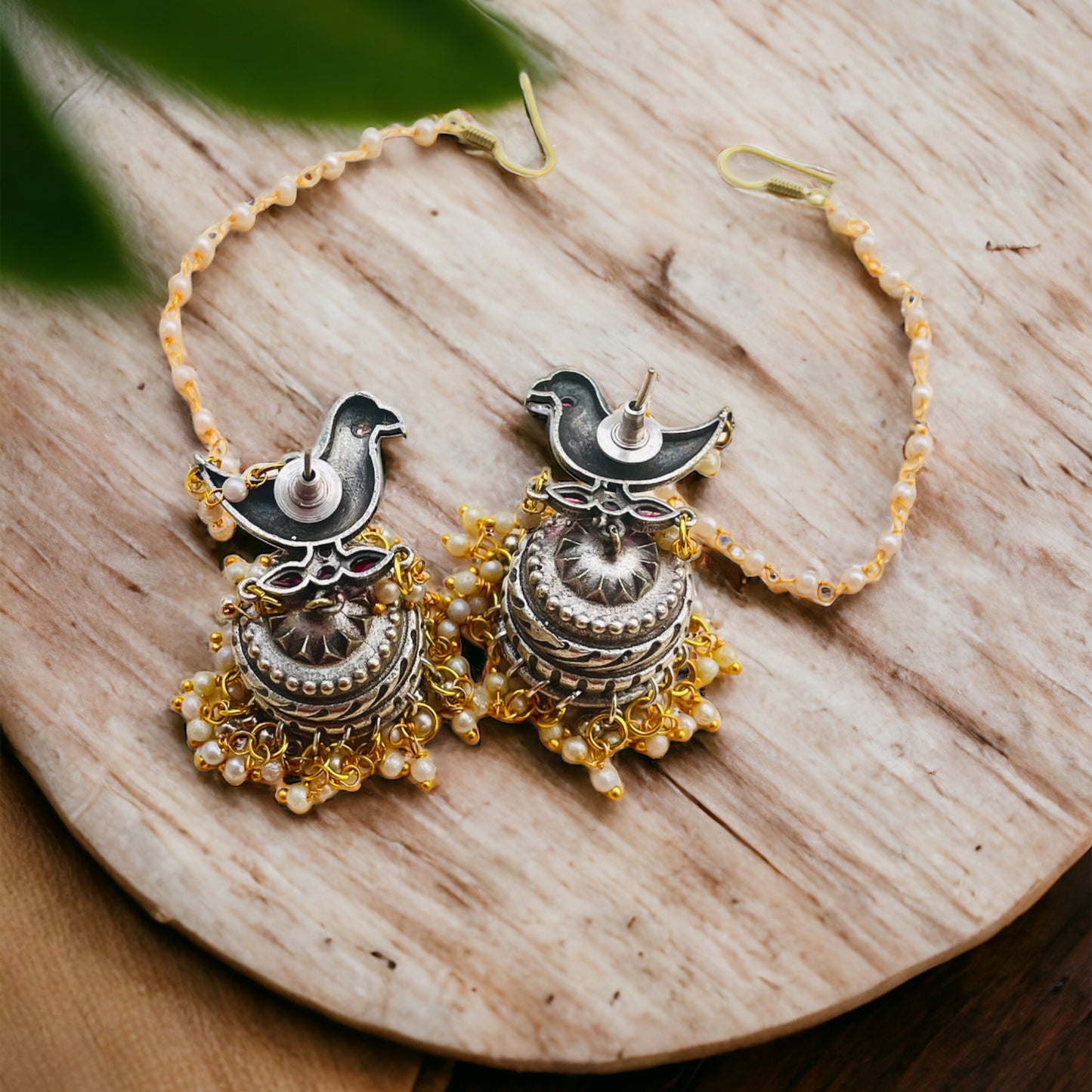 Peacock Jhumka with Ear Chain Earrings