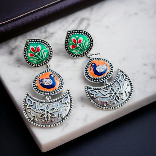 Handprinted Oxidised Chandbali Earrings