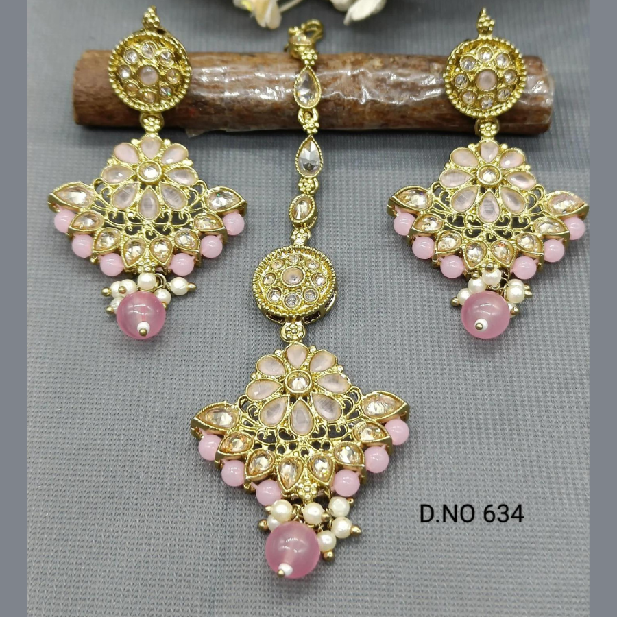 Kundan Polki Beaded Earring with Maang Tikka