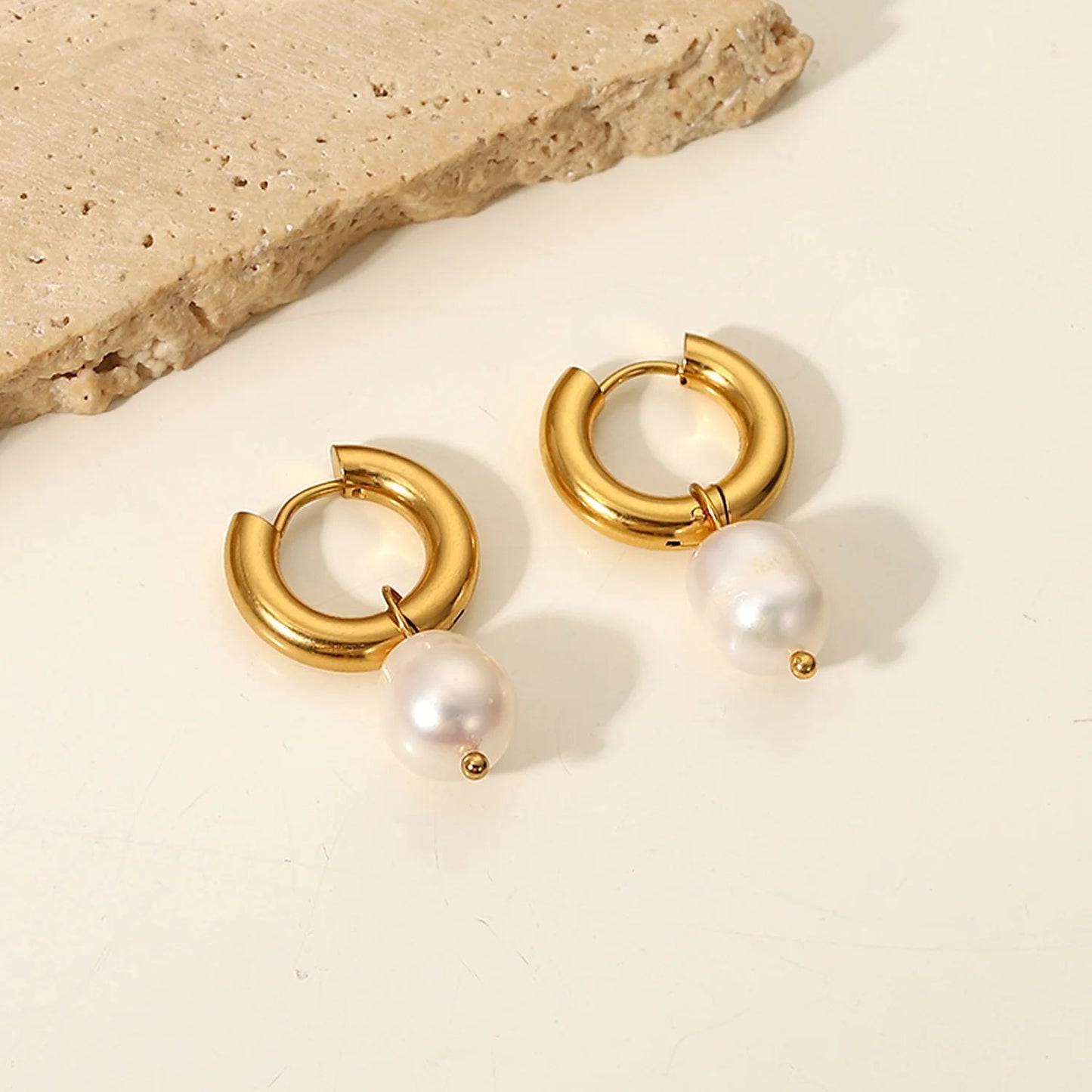 18k Gold Pearl Hoop Earrings