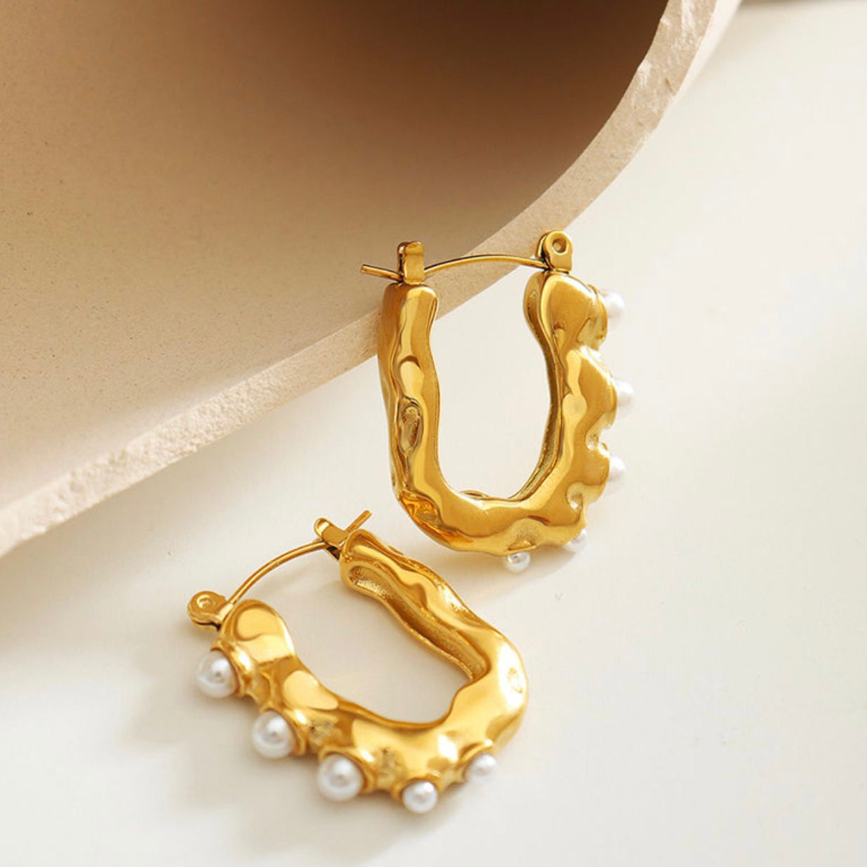 U Shaped Pearl Gold Hoop Earrings